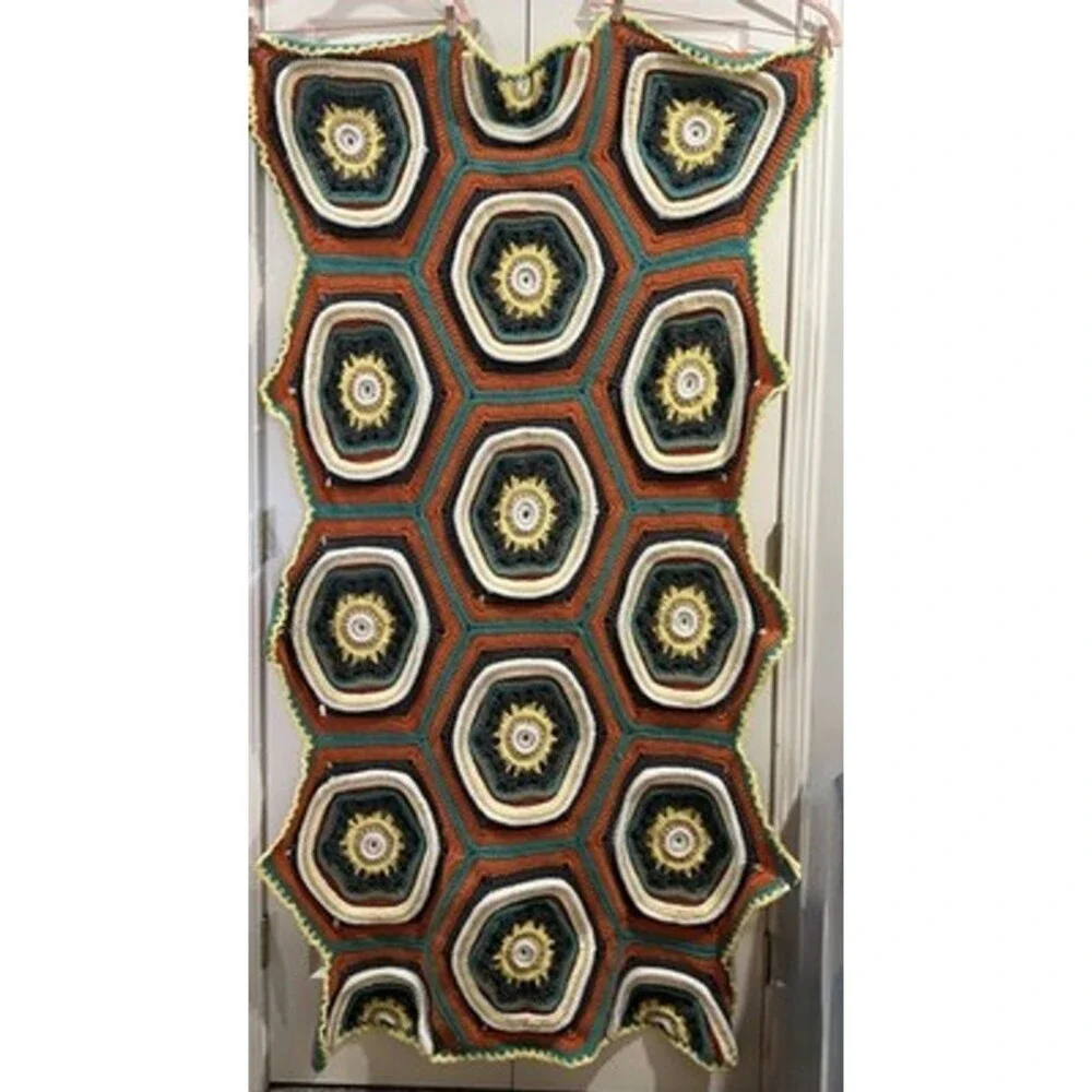 Granny Square Octagons Cotton Crocheted Afghan approx. 34”x 72” Multicolored